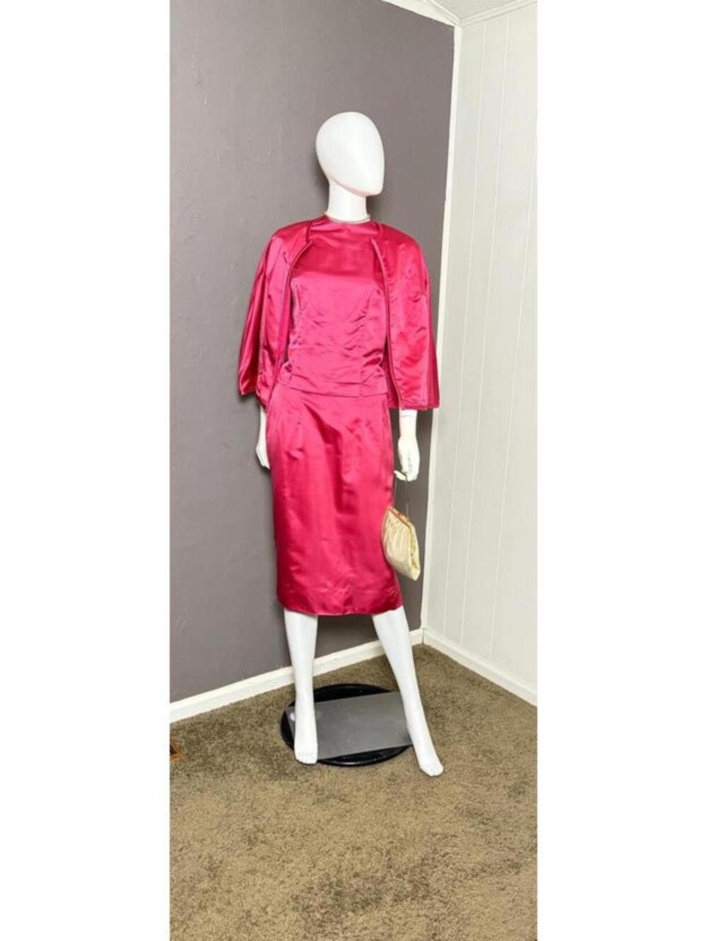 1960’s Hot Pink Satin 3 Piece Skirt Suit from MACY'S size S/M Wounded Bird Set